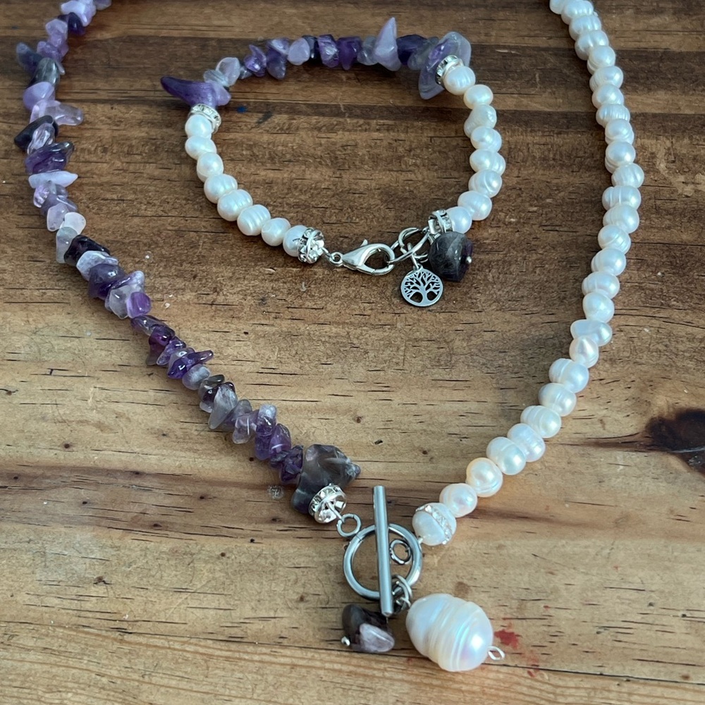 Pearl and Amethyst Necklace and Bracelet Set hand made unique